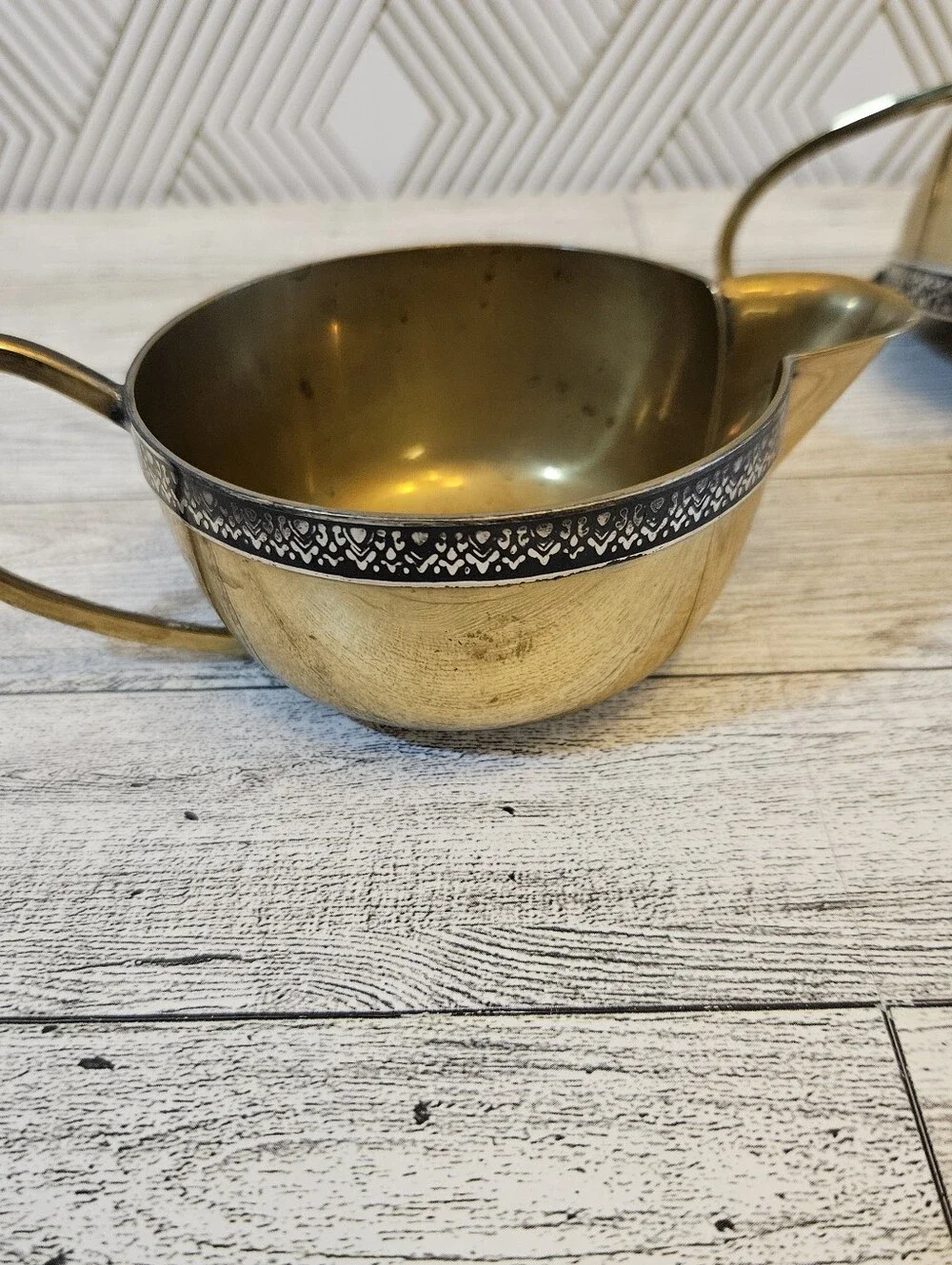 Vintage Creamer & Sugar Bowl 2 Pieces Gold Tone With Decorative Black Border